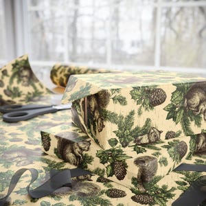 Nutcracker Squirrel Wrapping Paper Roll | Rustic Woodland Gift Wrap with Hand-Drawn Squirrels, Pinecones, and Holiday Greenery on Kraft image 5