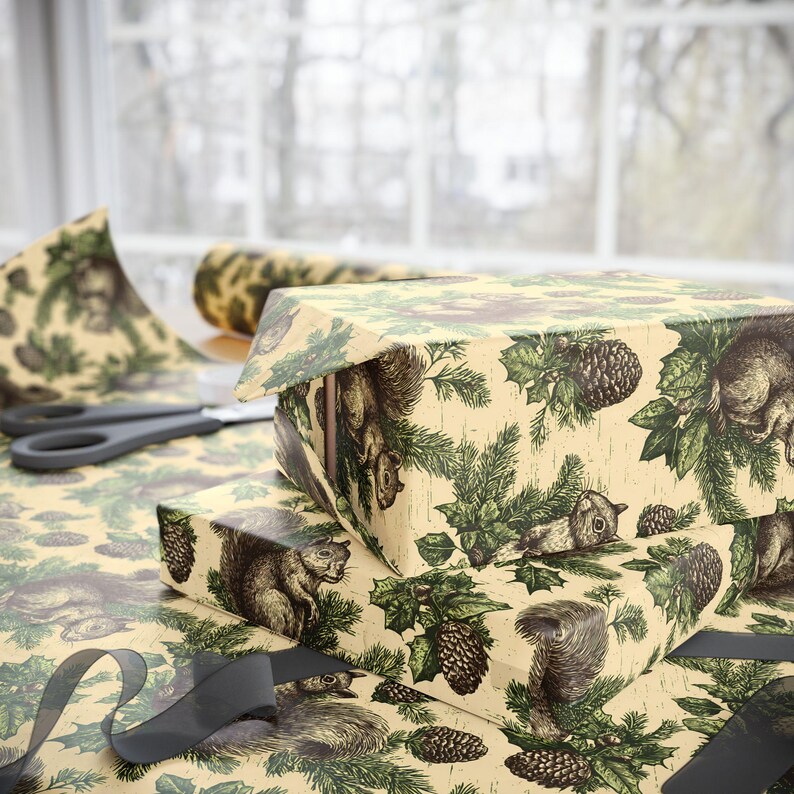 Nutcracker Squirrel Wrapping Paper Roll | Rustic Woodland Gift Wrap with Hand-Drawn Squirrels, Pinecones, and Holiday Greenery on Kraft image 5