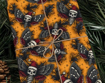Merry Mothmas Death Head Moth Christmas Wrapping Paper Roll Gothic Holiday Gift Wrap Skull Moth Alternative Xmas Pattern 90 GSM