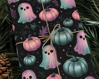 Boo Tiful Dreams Pastel Ghost Halloween Wrapping Paper Roll Cute Pumpkin Gift Wrap Kawaii Spooky Pink Sage Pattern 90 GSM Paper