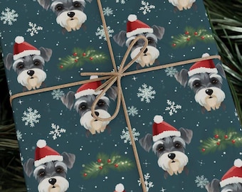 Rotolo di carta da regalo Santa Paws Adorable Mini Schnauzer / Carta da regalo natalizia per cani, ideale per gli amanti degli animali e per i cani da compagnia.