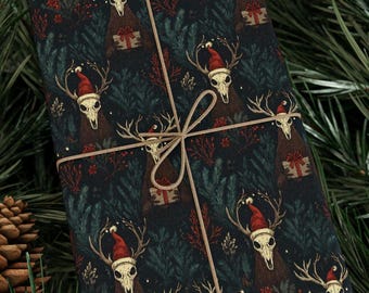 Wendigo Ho Ho Ho Wrapping Paper Roll | Cryptid Christmas Gift Wrap with Antlers, Santa Hats, and Dark Forest Vibes | Premium 90 GSM Paper