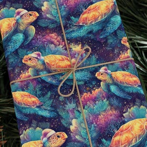 May include: Gift wrap featuring a repeating pattern of sea turtles wearing Santa hats, set against a backdrop of colorful coral and aquatic plants. The turtles have orange and yellow shells with blue flippers. The wrap is tied with brown twine.