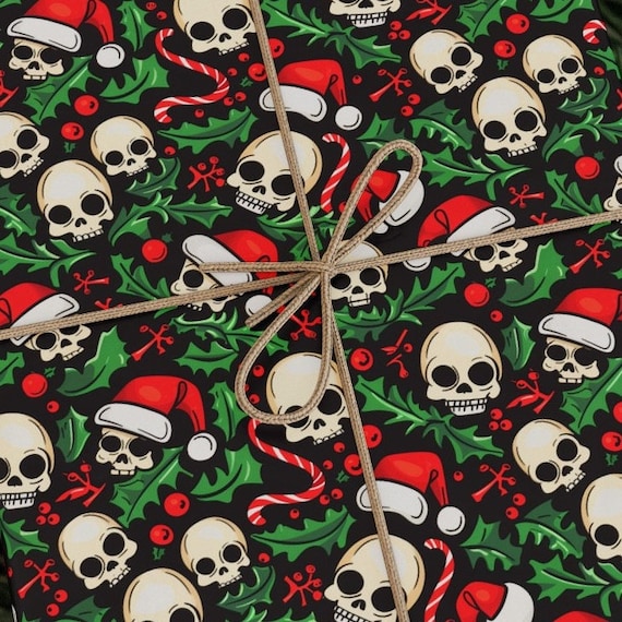 Cute Skulls Christmas Gift Wrapping Paper | Santa Hats & Holly | 90 GSM Fine Art Paper | Available in 3 Sizes | Unique Holiday Wrap