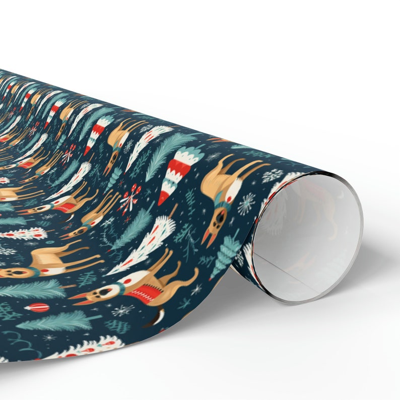 Papel de regalo navideño de pastor alemán, divertido papel de regalo de invierno para perro, estampado festivo de cachorro, regalos navideños, papel premium de 90 g/m². imagen 2