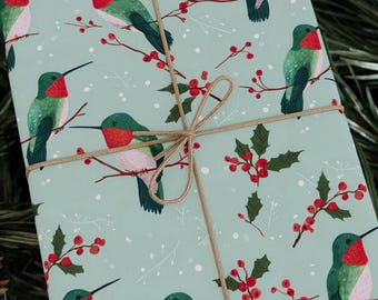 Wing-ter Wonderland Wrapping Paper Roll | Hummingbird Christmas Gift Wrap with Snowy Birds, Holly, and Berries for Festive Holiday Cheer