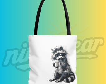 Raccoon Before Coffee Tote Bag Tired Trash Panda Illustration Dark Humor Morning Mood Animal Art Carryall Gift for Coffee Gremlins At Work