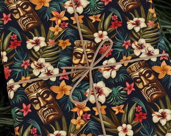 Tiki Trouble Wrapping Paper Roll | Tropical Tiki Mask Gift Wrap with Jungle Vibes and Island Spirit for Party Animals