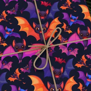 Bat to the Bone Cute Wrapping Paper | Colorful Cartoon Bats Gift Wrap for Halloween Lovers & Playful Spooky Gifts | Premium 90 GSM Paper image 1