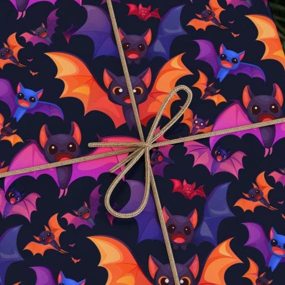 Bat to the Bone Cute Wrapping Paper | Colorful Cartoon Bats Gift Wrap for Halloween Lovers & Playful Spooky Gifts | Premium 90 GSM Paper