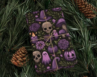 Hex Yeah Purple Halloween Wrapping Paper Roll Witchy Cottagecore Ghost Skull Mushroom Pumpkin Gift Wrap 90 GSM Paper