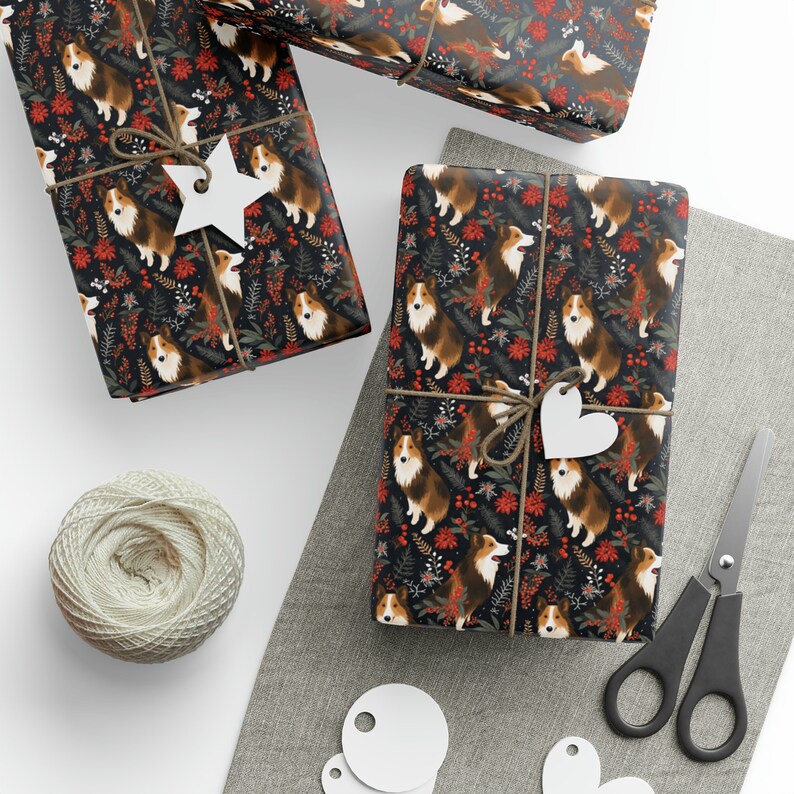 Entzückende Sable Collie Weihnachtspapierrolle Winter Floral Dog Art Geschenkverpackung mit roten Beeren Greenery Premium 90 g/m² Papier Bild 3