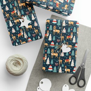 Papel de regalo navideño de pastor alemán, divertido papel de regalo de invierno para perro, estampado festivo de cachorro, regalos navideños, papel premium de 90 g/m². imagen 3
