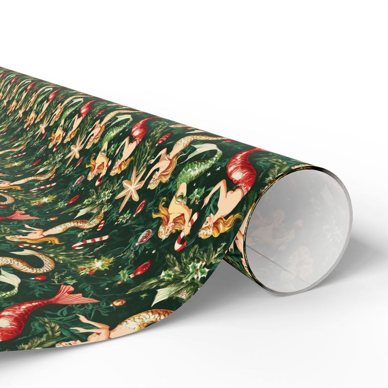 Papel de regalo vintage de sirena con magia submarina / Amuleto navideño retro en papel festivo premium / Papel de regalo navideño caprichoso inspirado en el océano imagen 2