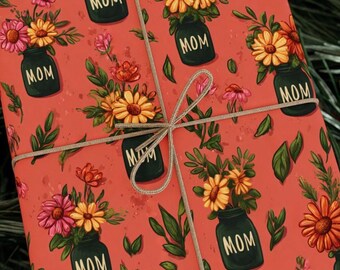 Mason Jar Full Of Love Mothers Day Wrapping Paper Roll Floral Gift Wrap Wildflower Bouquet Pink Rustic Mom Pattern 90 GSM Paper