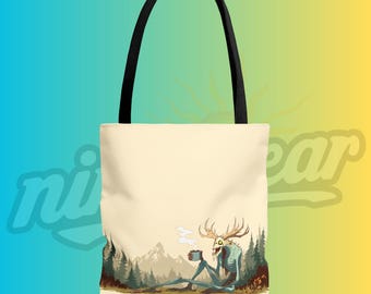 Just One More Sip Tote Bag Wendigo Cryptid Campfire Scene Dark Humor Folk Horror Art Scenic Carryall Gift for Weird Nature Lovers