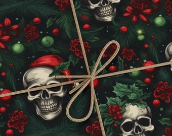 Have a Skull Little Christmas Wrapping Paper Dark Gift Wrap Gothic Skulls Holly Santa Hats Spooky Premium 90 GSM Paper