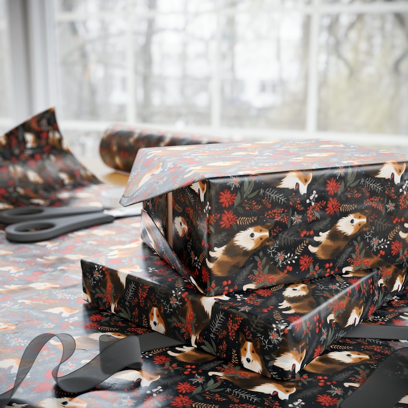 Entzückende Sable Collie Weihnachtspapierrolle Winter Floral Dog Art Geschenkverpackung mit roten Beeren Greenery Premium 90 g/m² Papier Bild 5