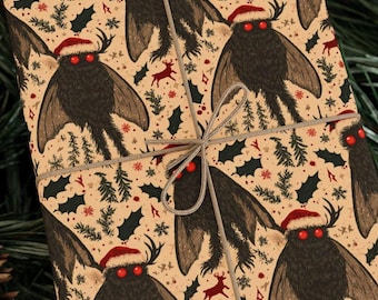 Mothman Merry Wrapping Paper Roll | Cryptid Christmas Gift Wrap with Red-Eyed Mothmen and Holiday Forest Pattern | Premium 90 GSM Paper