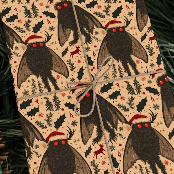 May include: Gift wrap featuring a repeating pattern of a moth-like creature wearing a Santa hat with red eyes. The background is tan with Christmas-themed illustrations. The gift is tied with twine.