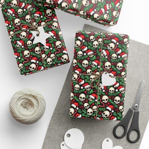 Cute Skulls Christmas Gift Wrapping Paper | Santa Hats & Holly | 90 GSM Fine Art Paper | Available in 3 Sizes | Unique Holiday Wrap image 3