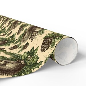 Nutcracker Squirrel Wrapping Paper Roll | Rustic Woodland Gift Wrap with Hand-Drawn Squirrels, Pinecones, and Holiday Greenery on Kraft image 4