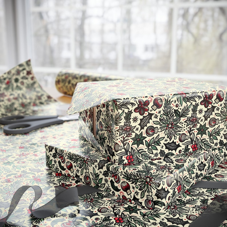 Vintage Holiday Tattoo Gift Wrap | Christmas Wrapping Paper with Retro Red & Green Design | Available in 3 Sizes | 90 GSM Fine Art Paper image 6