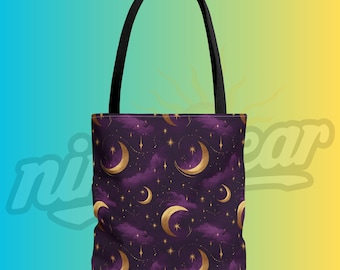 Celestial Moon Tote Bag Witchy Crescent Moon Starry Night Gothic Astrology Gift Purple Gold Occult Aesthetic Canvas Tote