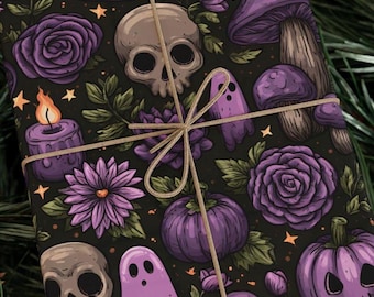 Hex Yeah Purple Halloween Wrapping Paper Roll Witchy Cottagecore Ghost Skull Mushroom Pumpkin Gift Wrap 90 GSM Paper