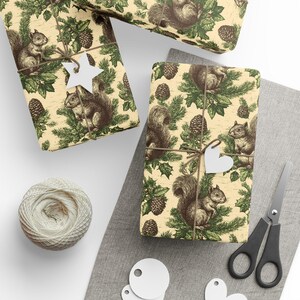 Nutcracker Squirrel Wrapping Paper Roll | Rustic Woodland Gift Wrap with Hand-Drawn Squirrels, Pinecones, and Holiday Greenery on Kraft image 2
