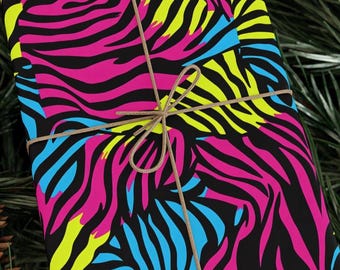 Wild Side Of The Eighties Neon Zebra Wrapping Paper Roll Retro Animal Print Gift Wrap Vaporwave Memphis Design Pattern 90 GSM Paper
