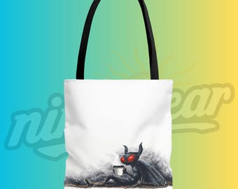 Do Not Approach Mothman Before Coffee Tote Bag Tired Cryptid Dark Humor Morning Mood Funny Folklore Art Cozy Carryall Gift Warning Label