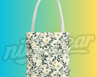 Botanical Floral Tote Bag Soft Green Leaves Cream Flower Pattern Cottagecore Garden Art Elegant Nature Inspired Canvas Tote