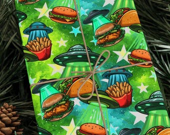 Take Me To Your Tacos UFO Wrapping Paper Roll Alien Fast Food Gift Wrap Sci Fi Space Nerd Pattern 90 GSM Paper