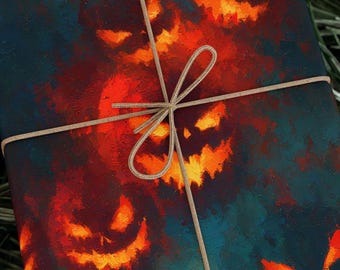 Pumpkin With a Grin Wrapping Paper | Scary Jack-o-Lantern Faces Gift Wrap for Halloween Parties Spooky Decor and Haunted Gifts