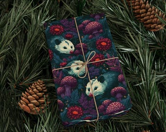 Playing Possum Woodland Wrapping Paper Roll Cute Opossum Gift Wrap Cottagecore Mushroom Forest Animal Pattern 90 GSM Paper