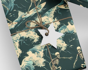 Skeleton Surfer Wrapping Paper Roll | Surfing Skeletons in Ocean Waves Gift Wrap for Halloween, Beach Parties, or Summer Fun