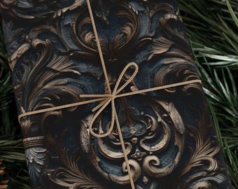 Hauntingly Handsome Gothic Damask Wrapping Paper Roll Victorian Baroque Gift Wrap Dark Academia Vintage Pattern 90 GSM Paper