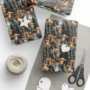 I Want To Believe In Christmas Wrapping Paper UFO Forest Gift Wrap Alien Holiday Conspiracy Winter Night Premium 90 GSM Paper image 3