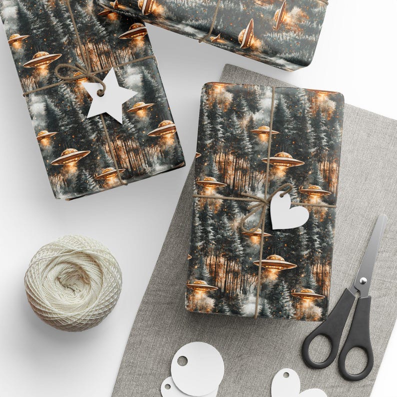 I Want To Believe In Christmas Wrapping Paper UFO Forest Gift Wrap Alien Holiday Conspiracy Winter Night Premium 90 GSM Paper image 3