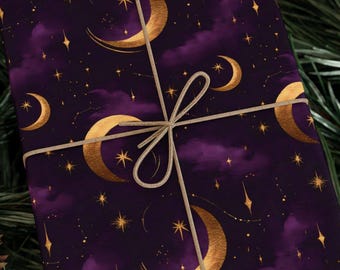 Moonlit Magic Wrapping Paper Roll | Witchy Celestial Gift Wrap with Golden Crescent Moons, Stars, and Constellations on Deep Plum Sky