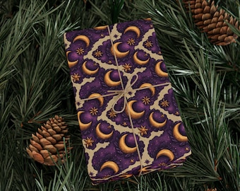 Violet Moon Magic Wrapping Paper Roll Celestial Gift Wrap with Purple Clouds Gold Moons and Stars Witchy Aesthetic | Premium 90 GSM Paper