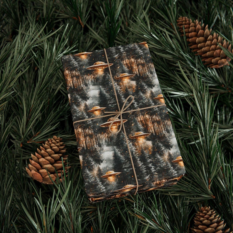 I Want To Believe In Christmas Wrapping Paper UFO Forest Gift Wrap Alien Holiday Conspiracy Winter Night Premium 90 GSM Paper image 1