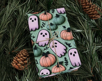 Boo Crew Pastel Ghost Halloween Wrapping Paper Roll Cute Pumpkin Gift Wrap Pink Sage Spooky Cottagecore Pattern 90 GSM Paper