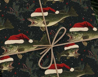 Santa Bass Christmas Wrapping Paper, Festive Fishing Gift Wrap with Largemouth Bass, Santa Hat Bass Pattern, Unique Anglers Christmas Wrap