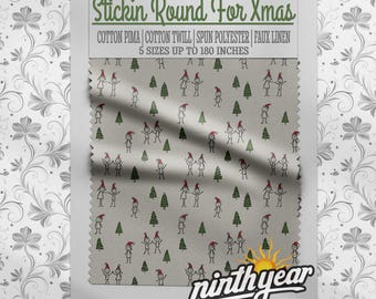 Stickin Round For Xmas, Funny Stick Figure Fabric, Holiday Doodle Pattern, Cotton and Polyester Textiles by the Yard for Sewing
