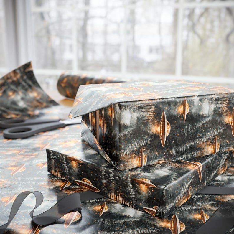 I Want To Believe In Christmas Wrapping Paper UFO Forest Gift Wrap Alien Holiday Conspiracy Winter Night Premium 90 GSM Paper image 5