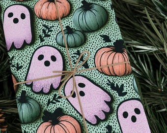 Boo Crew Pastel Ghost Halloween Wrapping Paper Roll Cute Pumpkin Gift Wrap Pink Sage Spooky Cottagecore Pattern 90 GSM Paper