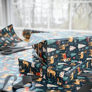 Papel de regalo navideño de pastor alemán, divertido papel de regalo de invierno para perro, estampado festivo de cachorro, regalos navideños, papel premium de 90 g/m². imagen 5