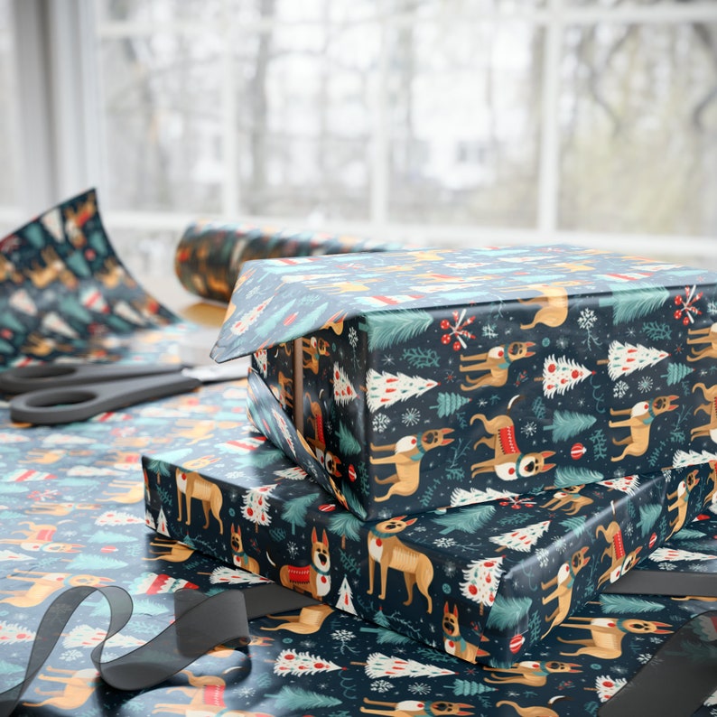 Papel de regalo navideño de pastor alemán, divertido papel de regalo de invierno para perro, estampado festivo de cachorro, regalos navideños, papel premium de 90 g/m². imagen 5